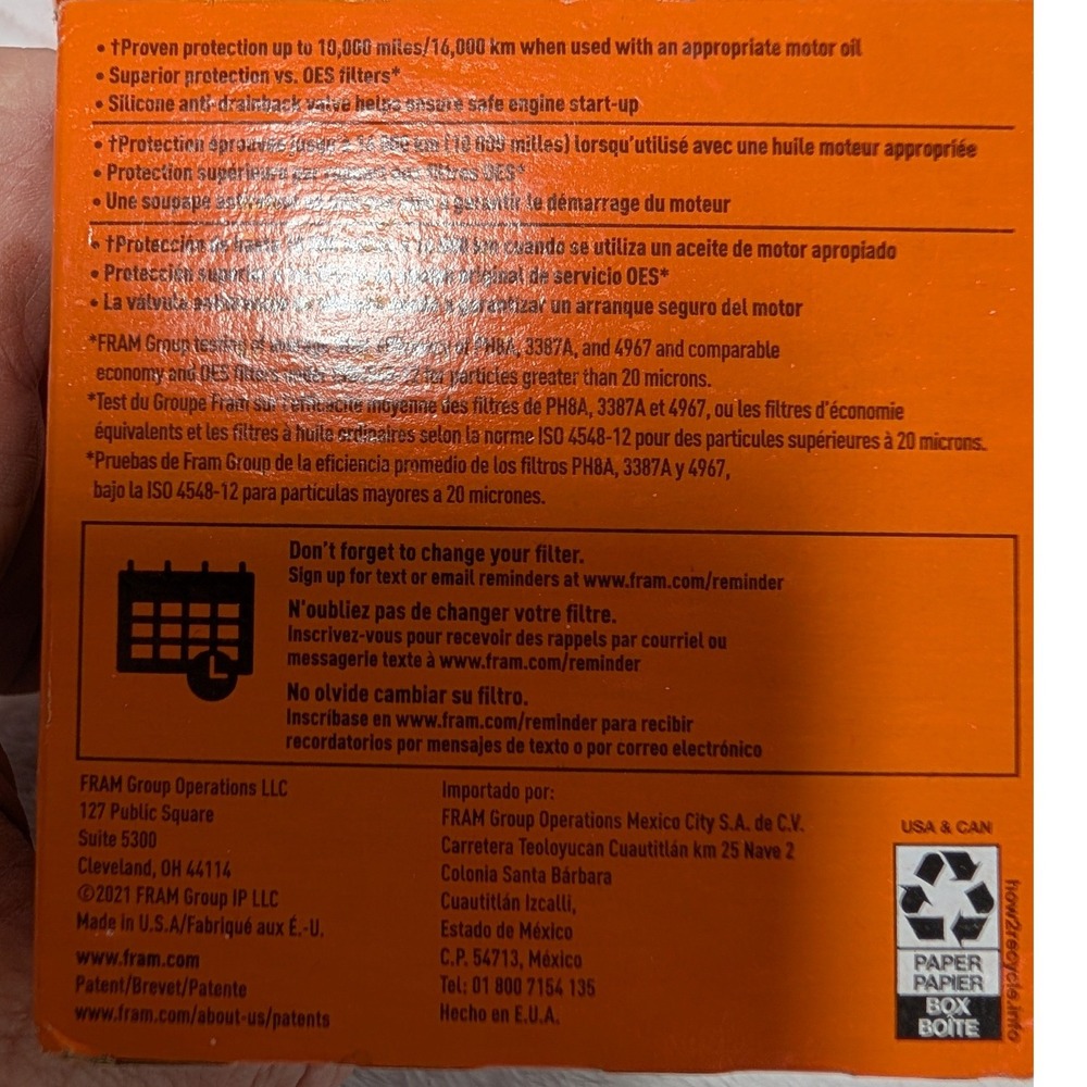 FRAM Extra Guard Oil Filter PH12447 10000 Mile Engine Protection Made in USA - Picture 2 of 2